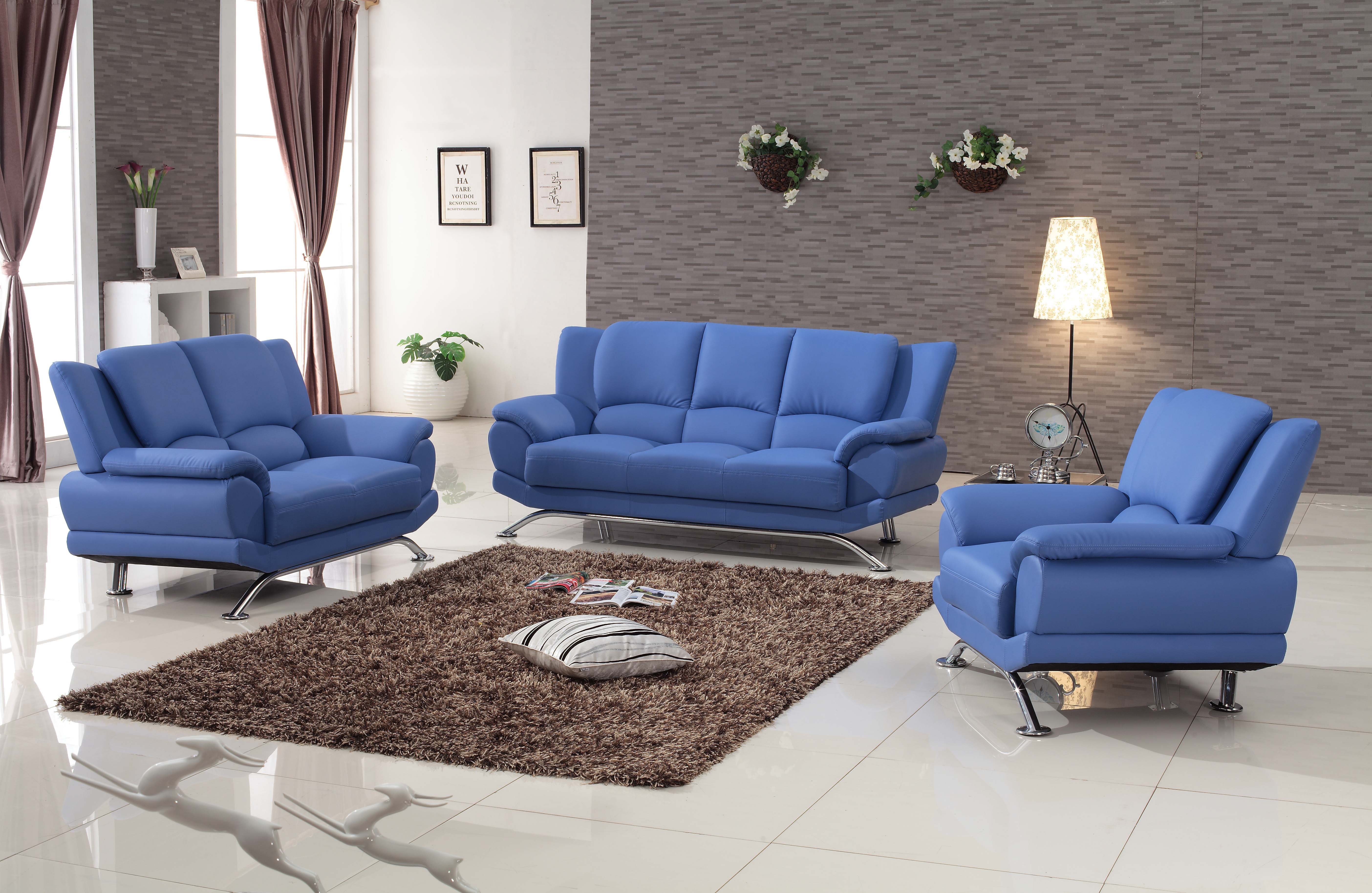 Milano Modern Leather Sofa Set Blue, Milano Leather Furniture