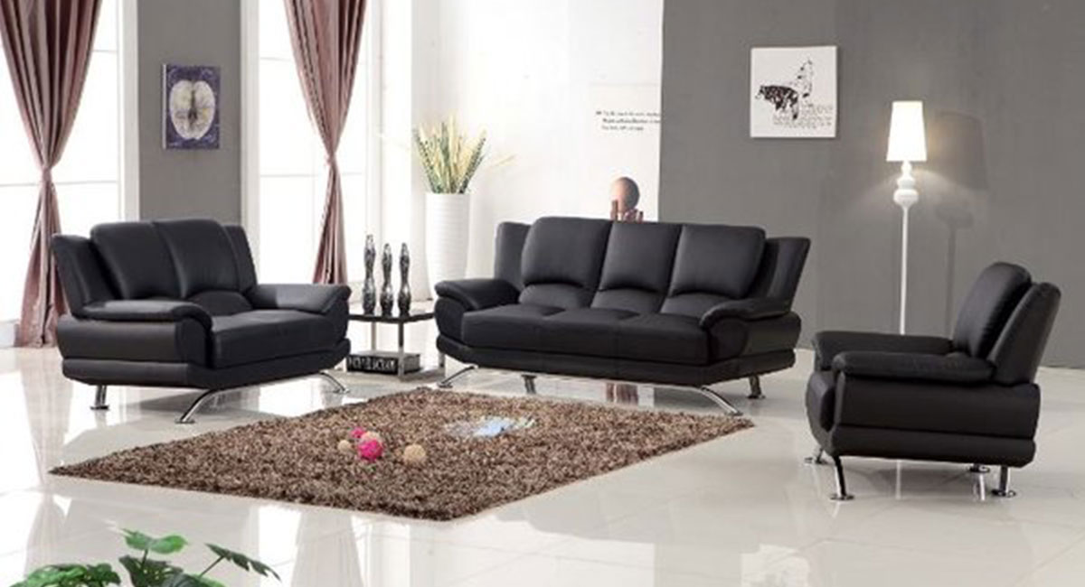 Milano Modern Leather Sofa Set Black, Modern Black Leather Sofa Set