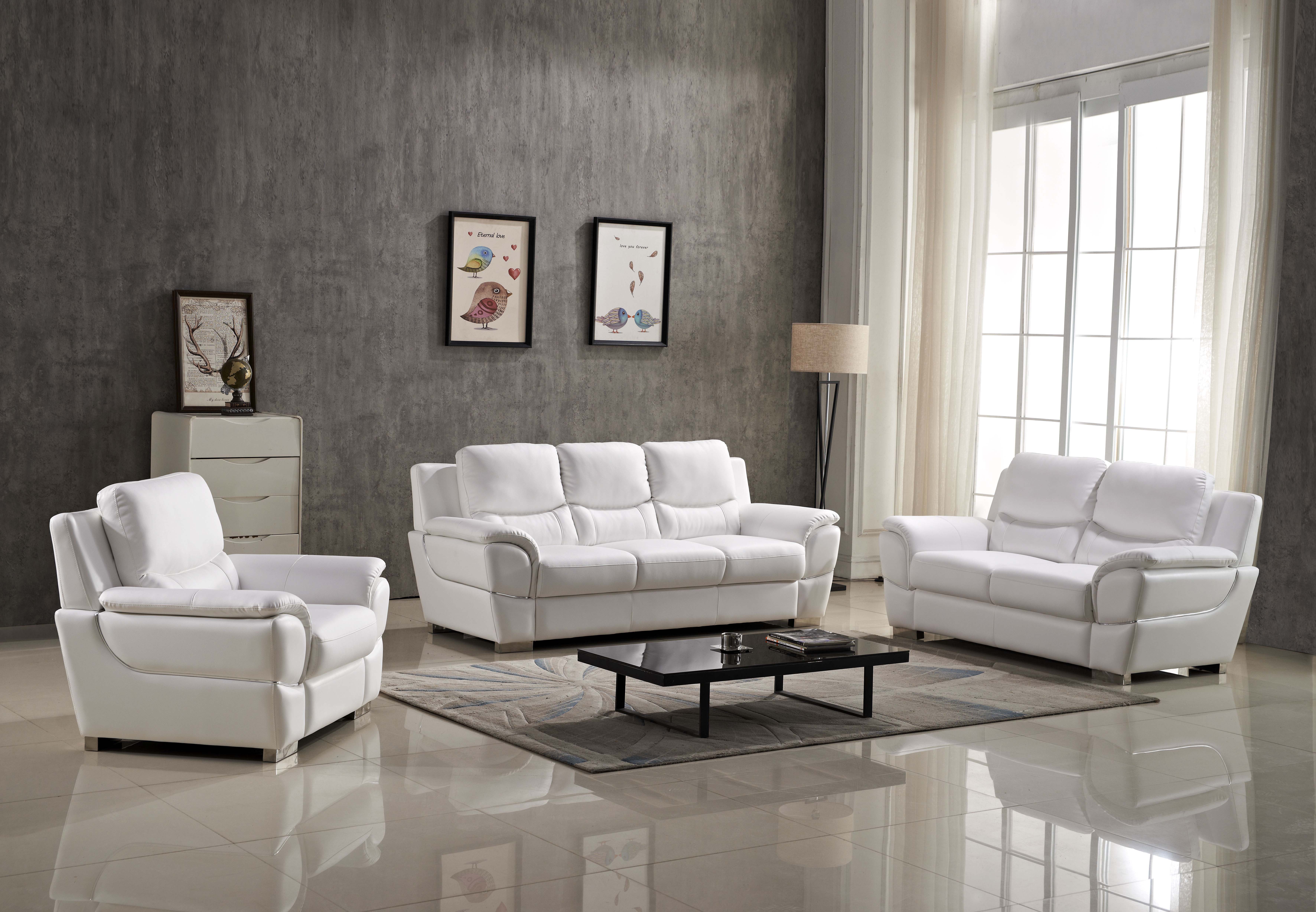 Kartier Leather Sofa Set White, White Leather Living Room Sets