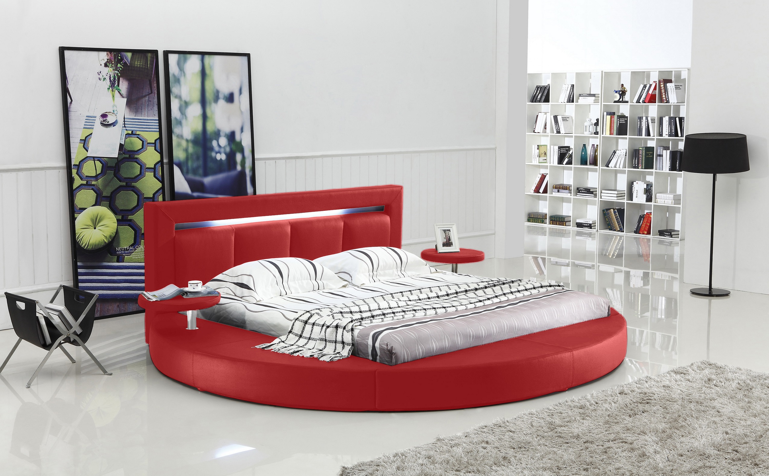 Oslo Round Bed With Headboard Lights, Round Leather Bed